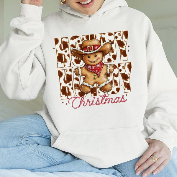 Retro Gingerbread Cowprint Hoodie, Howdy Christmas Hoodie, Western Holiday Pullover Sweatshirt, Comfy Christmas Hoodie, Winte