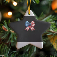 USA Patriotic Bow Holiday Ornament, Coquette American Flag Star Ceramic Ornament, Star Shaped Ceramic Keepsake, 4th of July Christmas Present