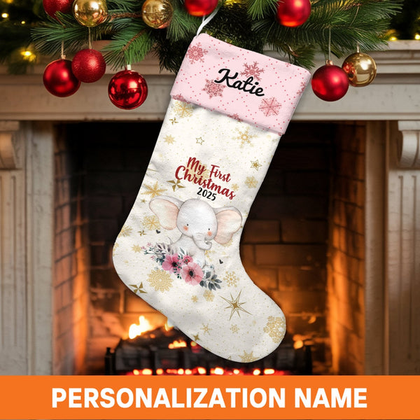 Adorable Floral Elephant Stocking, Personalized Baby First Christmas Stocking, Custom Name Holiday Stocking, Baby Girl Keepsa