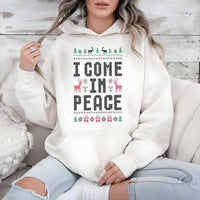 Ugly Christmas Sweater Hoodie, I Come in Peace Hoodie, Humorous Alien Xmas Graphic Sweatshirt, Retro Holiday Season Pullover, Unisex Xmas Present