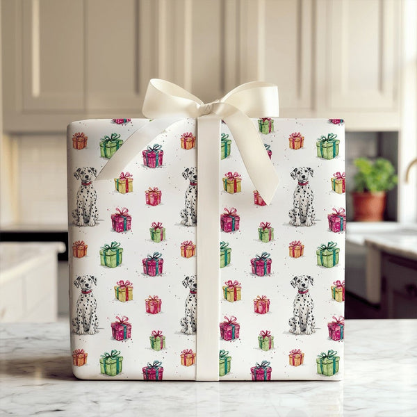 Watercolor Dog Gift Wrap, Dalmatian Christmas Wrapping Paper, Adorable Puppy Present Wrapping Paper Roll, Dog Lover Holiday G