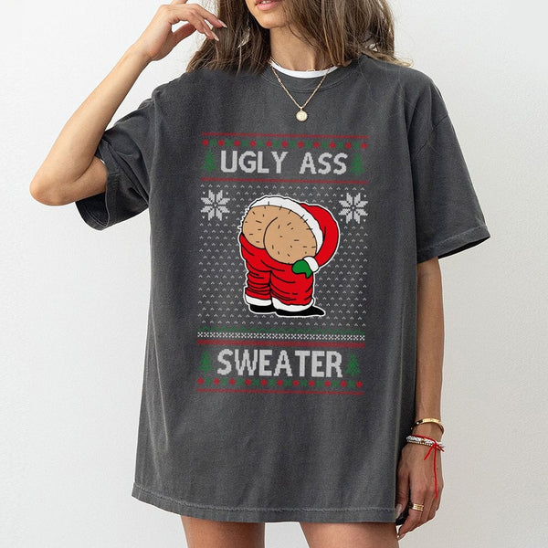 Ugly Christmas Graphic T-Shirt, Humorous Santa Mooning T-Shirt, Retro Holiday Humor T-Shirt, Humorous Xmas Party Graphic Tee,