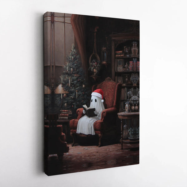 Adorable Santa Hat Ghost Wall Art, Christmas Ghost Reading Book Canvas, Comfy Holiday Canvas Print, Spooky Xmas Wall Art, Boo