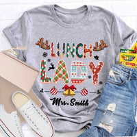 Custom Cafeteria Staff Holiday Shirt, Personalized Lunch Lady Christmas T-Shirt, Snowflake Bells Xmas Graphic Tee, School Worker Present