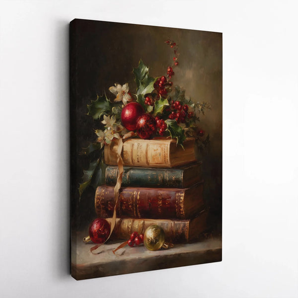 Antique Books and Holiday Ornaments Print, Christmas Still Life Canvas, Festive Christmas Canvas Art, Christmas Farmhouse Wal