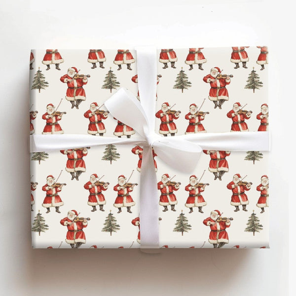 Musical Christmas Gift Wrap, Vintage Santa Violin Wrapping Paper, Cream Holiday Present Paper, Retro Musician Xmas Gift Wrap,