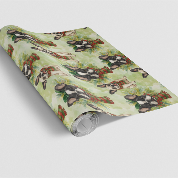 Scarf Dog Holiday Gift Wrap, French Bulldog Christmas Wrapping Paper, Frenchie Wrapping Paper, Pet Lover Gift Wrap Roll
