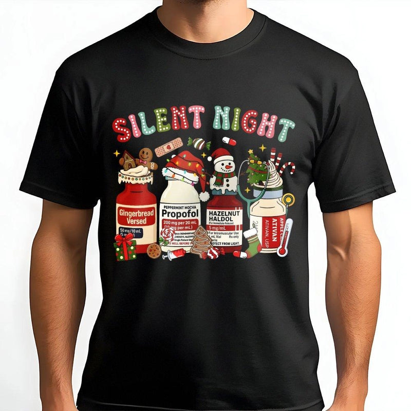 Humorous Medical Holiday Shirt, Silent Night Nurse Christmas T-Shirt, ICU Hospital Doctor Graphic Tee, Adorable Nurse Xmas Tee, Holiday Nurse Present