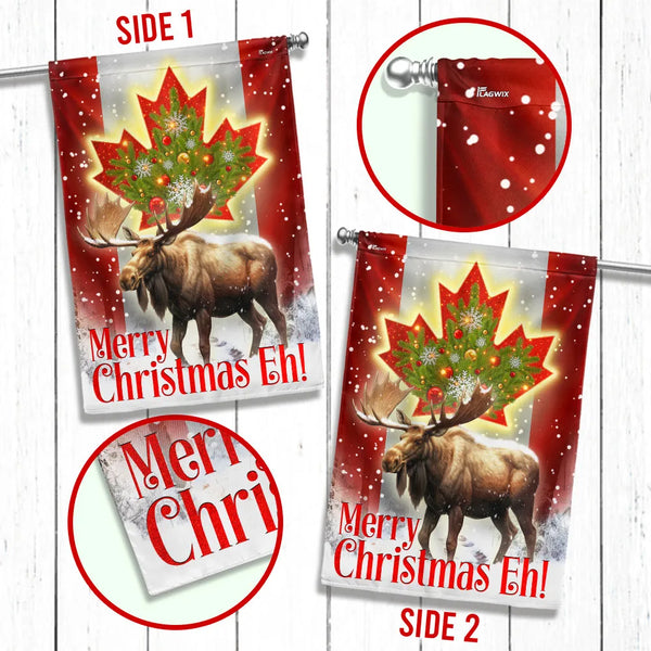 Moose Maple Leaf Merry Christmas Eh Yard Flag, Canadian Christmas Garden Flag, Double-Sided Winter Holiday Lawn Flag, Canada 
