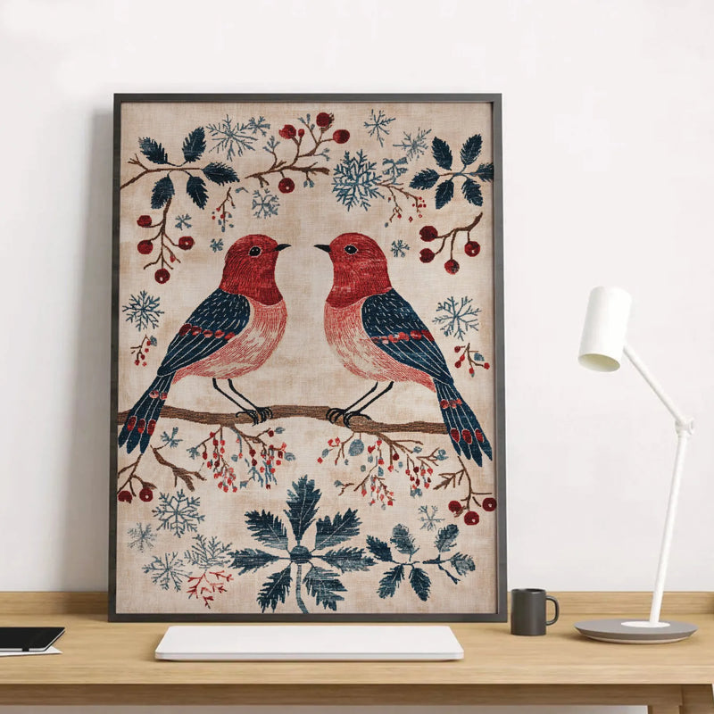 Folk Art Tapestry Print, Vintage Winter Birds Poster, Rustic Snowflakes Bird Wall Art, Scandinavian Christmas Decor