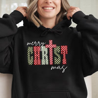 Checkered Holiday Christian Graphic Sweatshirt, Merry Christmas Cross Hoodie, Faith Nativity Pullover, Religious Xmas Present for Men Women