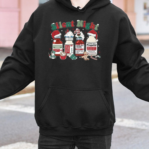 Humorous ICU Nurse Holiday Hoodie, Silent Night Medical Christmas Hoodie, Healthcare Worker Sweatshirt, Doctor RN Graphic Chr