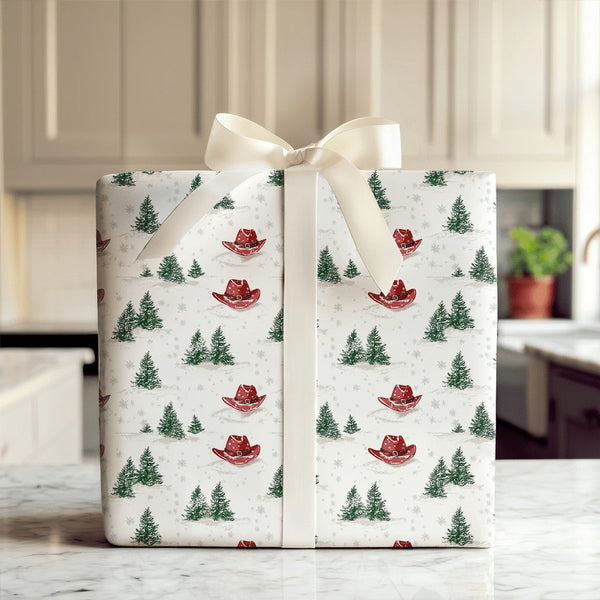 Cowboy Hat Gift Wrap, Western Christmas Wrapping Paper, Rustic Country Xmas Wrapping Paper, Snowy Pine Holiday Paper, Winter 