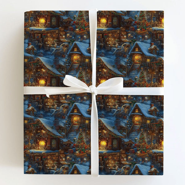 Snowy Cabin Holiday Gift Wrap, Night Christmas Village Wrapping Paper, Winter Wonderland Wrapping Paper, Comfy Festive Presen