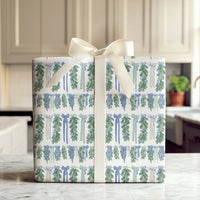 Blue Bows Christmas Gift Wrap, Watercolor Pine Garland Wrapping Paper, 90 GSM Fine Art Paper, Holiday Present Wrapping Paper Roll