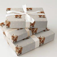 Festive Holiday Lights Gift Wrap, Highland Cow Christmas Wrapping Paper, Farmhouse Animal Wrapping Paper
