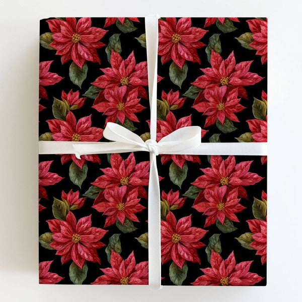 Floral Holiday Gift Wrap, Red Poinsettia Christmas Wrapping Paper, Botanical Winter Wrapping Paper Roll, Elegant Xmas Gift Wr
