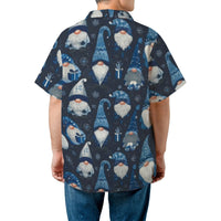 Blue Snowflake Holiday Button Up Shirt, Christmas Gnome Hawaiian Shirt, Festive Winter Gnome Aloha Shirt, Tropical Christmas Party Shirt