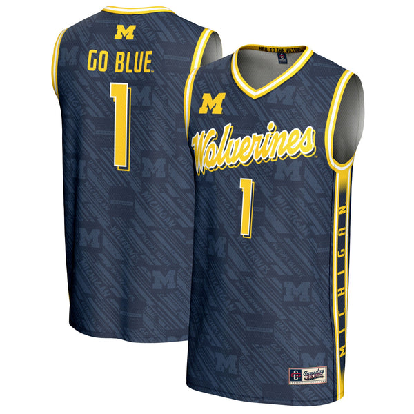 #1 Michigan Wolverines Highlight Print Lightweight Basketball Fashion Jersey - Navy