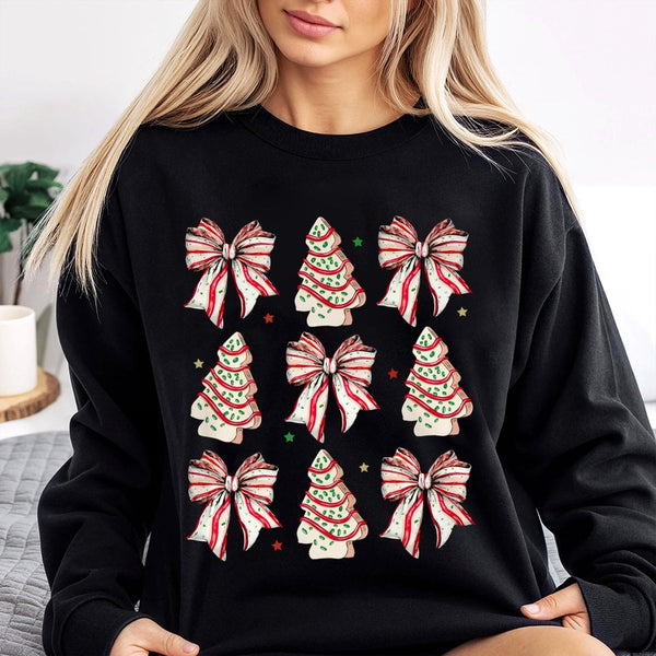 Coquette Bow Holiday Crewneck, Christmas Tree Cake Sweatshirt, Aesthetic Xmas Tree Snack Sweatshirt, Vintage Winter Pullover 