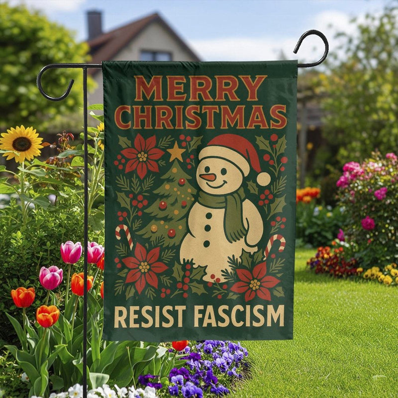 Festive Snowman Christmas Garden Flag, Resist Fascism Garden Flag, Winter Holiday Yard Flag, Double Sided Lawn Banner, Activism Xmas Present