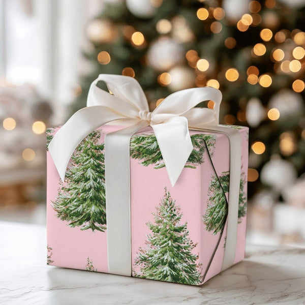 Modern Pastel Holiday Gift Wrap, Pink Christmas Tree Wrapping Paper, Watercolor Pine Tree Wrapping Paper, Adorable Aesthetic 