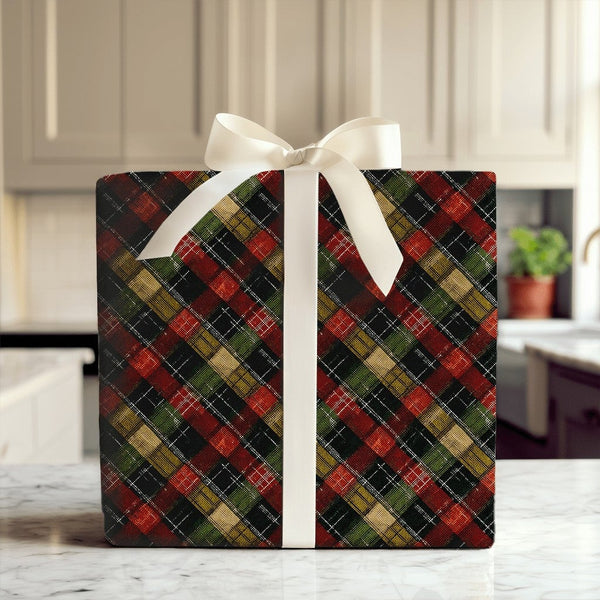 Rustic Holiday Plaid Gift Wrap, Diagonal Tartan Plaid Christmas Wrapping Paper, Vintage Winter Wrapping Paper Roll, Festive P