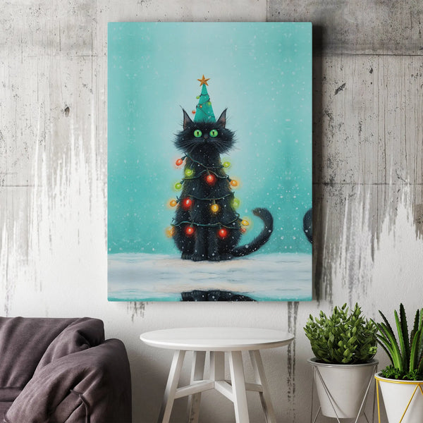 Whimsical Holiday Pet Wall Art, Black Cat Christmas Tree Canvas Print, Festive Kitty Canvas Painting