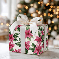 Watercolor Christmas Floral Gift Wrap, Pink Poinsettia Wrapping Paper, Pastel Botanical Wrapping Paper Roll, Elegant Holiday Present Wrap