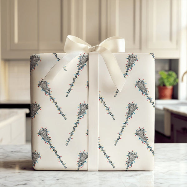 Festive Lacrosse Stick Gift Wrap, Christmas Lights Lacrosse Wrapping Paper, Sports Holiday Present Paper, Athlete Xmas Gift W
