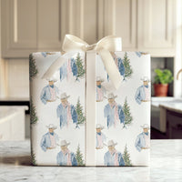Western Holiday Gift Wrap, Cowboy with Christmas Tree Wrapping Paper, Watercolor Rustic Christmas Wrapping Paper, Country Gift Wrap Roll