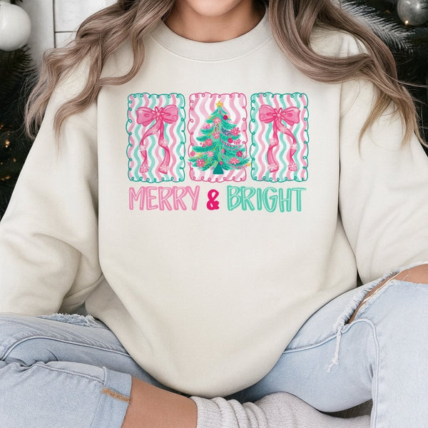 Merry and Bright Holiday Crewneck, Pink Bow Christmas Tree Sweatshirt, Preppy Coquette Xmas Sweater, Adorable Winter Present 