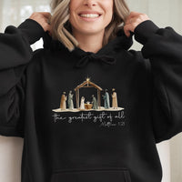 Christian Christmas Hooded Sweatshirt, Nativity Scene the Greatest Present of All Hoodie, Religious Holiday Cross Pullover Hoodie