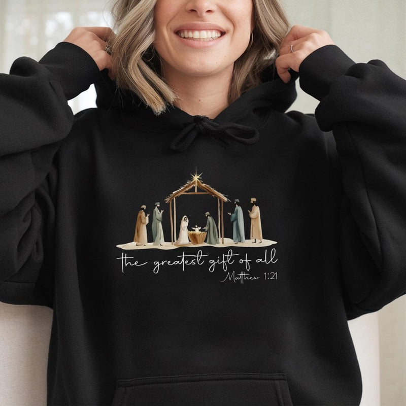 Christian Christmas Hooded Sweatshirt, Nativity Scene the Greatest Present of All Hoodie, Religious Holiday Cross Pullover Hoodie