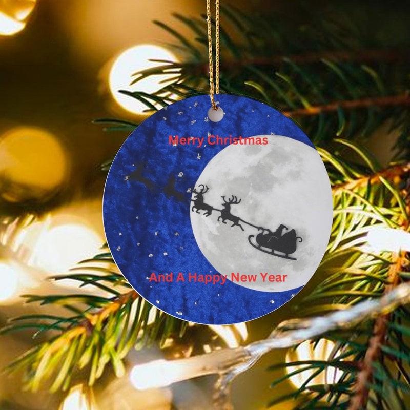 Full Moon Reindeer Silhouette Ornament, Santa Sleigh Christmas Ornament, Glossy Ceramic Tree Ornament, Holiday Keepsake Decoration