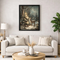 Snowy Winter Forest Lit Tree Canvas Print, Christmas Deer Canvas Wall Art, Rustic Holiday Stag Wall Decor, Festive Christmas Present