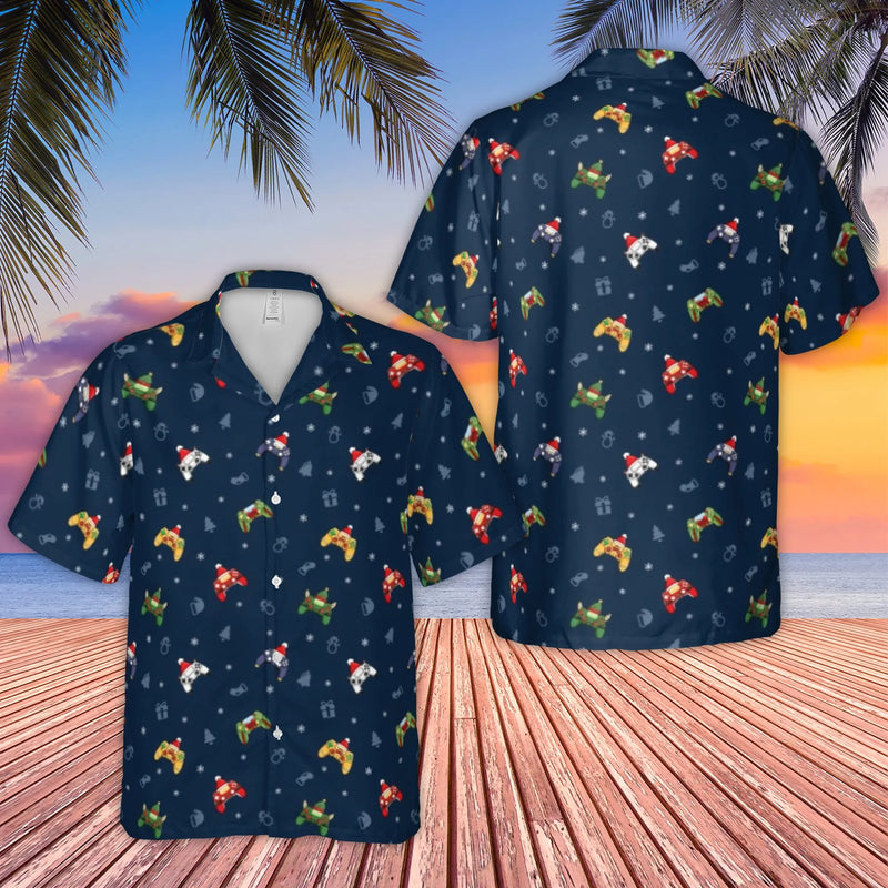 Gamer Santa Hat Aloha Shirt, Christmas Gaming Hawaiian Shirt, Video Game Holiday Button Down, Gaming Christmas Shirt, Gamer Xmas Present
