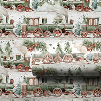 Snowy Pine Tree Holiday Gift Wrap Roll, Vintage Green Train Christmas Wrapping Paper, Retro Winter Present Paper, Kids Xmas Gift Wrap