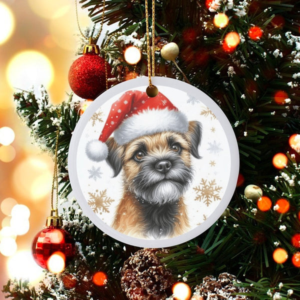 Santa Hat Dog Art Ornament, Border Terrier Christmas Ornament, Adorable Puppy Holiday Tree Ornament, Dog Lover Ceramic Keepsa