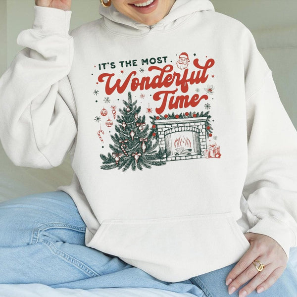 Christmas Tree Fireplace Hoodie, Its the Most Wonderful Time Hoodie, Comfy Vintage Winter Sweatshirt, Nostalgic Holiday Pullo