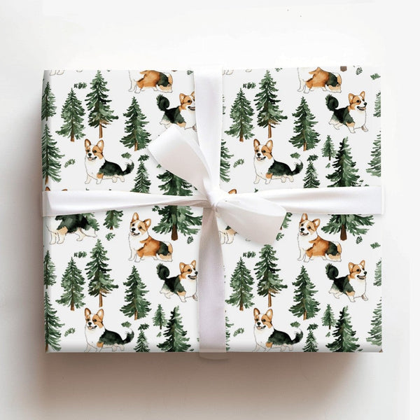 Watercolor Dog Forest Gift Wrap, Corgi Pine Tree Wrapping Paper, Adorable Holiday Corgi Wrapping Paper, Winter Christmas Dog 
