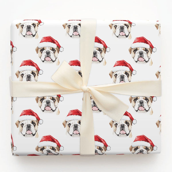 Santa Hat Dog Gift Wrap, English Bulldog Christmas Wrapping Paper, Adorable Puppy Present Wrap, Holiday Dog Lover Wrapping Pa