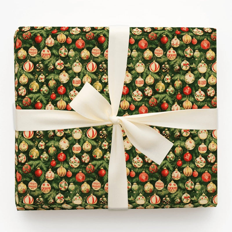 Retro Ornament Gift Wrap, Vintage Bauble Christmas Wrapping Paper, Traditional Evergreen Wrapping Paper, Holiday Tree Wrapping Paper Roll