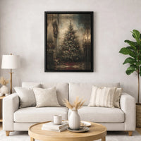 Moody Antique Room Oil Painting Art, Vintage Christmas Tree Canvas Print, Rustic Holiday Wall Decor, Nostalgic Xmas Canvas Present