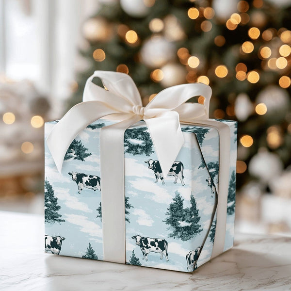 Holstein Cattle Snowy Pine Tree Gift Wrap, Winter Cow Christmas Wrapping Paper, Rustic Farmhouse Present Paper, Country Holid