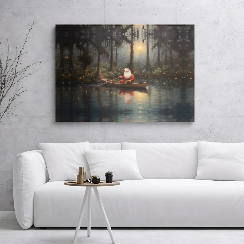 Mystical Bayou Christmas Canvas Wall Art, Santa Claus Swamp Boat Canvas Print, Rustic Southern Santa Canvas Decor