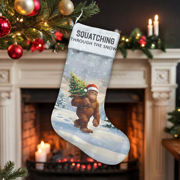 Humorous Bigfoot Holiday Stocking, Squatching Through the Snow Christmas Stocking, Personalized Sasquatch Xmas Stocking, Wint