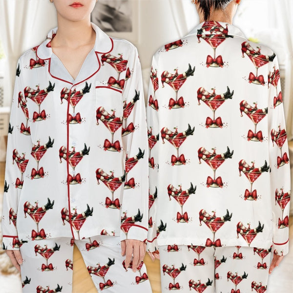 Holiday Satin Pajama Set, Santa Martini Christmas Pajamas, Festive Cocktail Silk Sleepwear, Comfy Winter PJs, Women Christmas