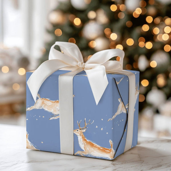 Leaping Deer Holiday Gift Wrap, Watercolor Reindeer Wrapping Paper, Starry Blue Winter Paper, Whimsical Christmas Wrapping Pa