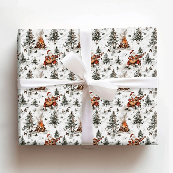 Rustic Musician Holiday Gift Wrap, Campfire Santa Guitar Wrapping Paper, Winter Forest Wrapping Paper, Camper Christmas Wrapp